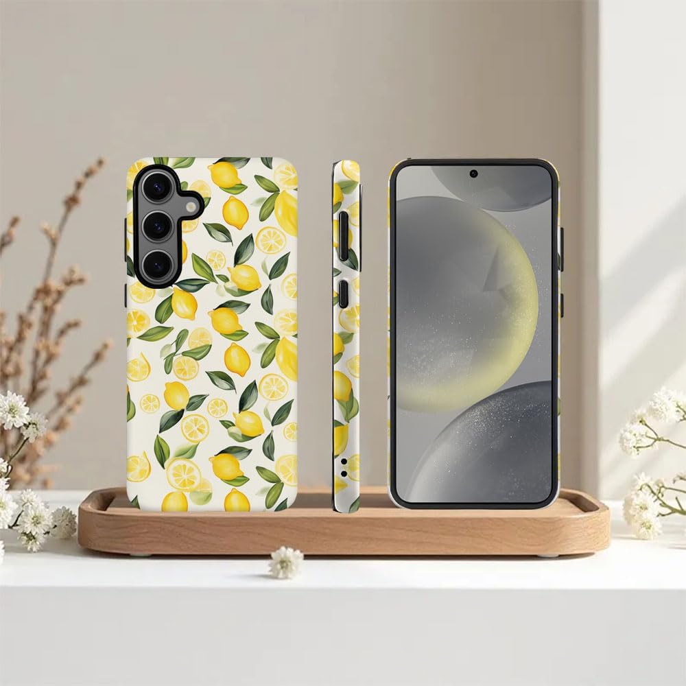 Case for Samsung Galaxy S24,Camera Protection Soft Frosted Phone Case - Watercolor Lemons Leaves Pattern
