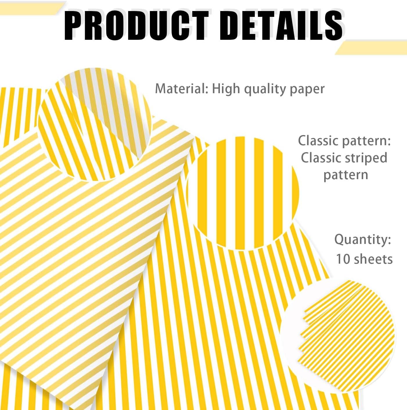 10 Sheets Yellow Striped Tissue Paper 14 x 20 Inches Yellow and White Striped Gift Wrapping Tissue Paper for Gift Bags Wedding Birthday Party Packaging Crafts