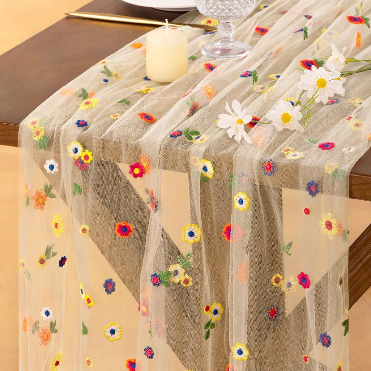Flower Table Runner Summer Daisy Floral Tulle Cheesecloth Wedding Decor | Beige 10FT Daisy Floral Gauze Embroidery for Tea Party Garden Bridal Baby Shower Birthday Holiday Picnic Home Decorations