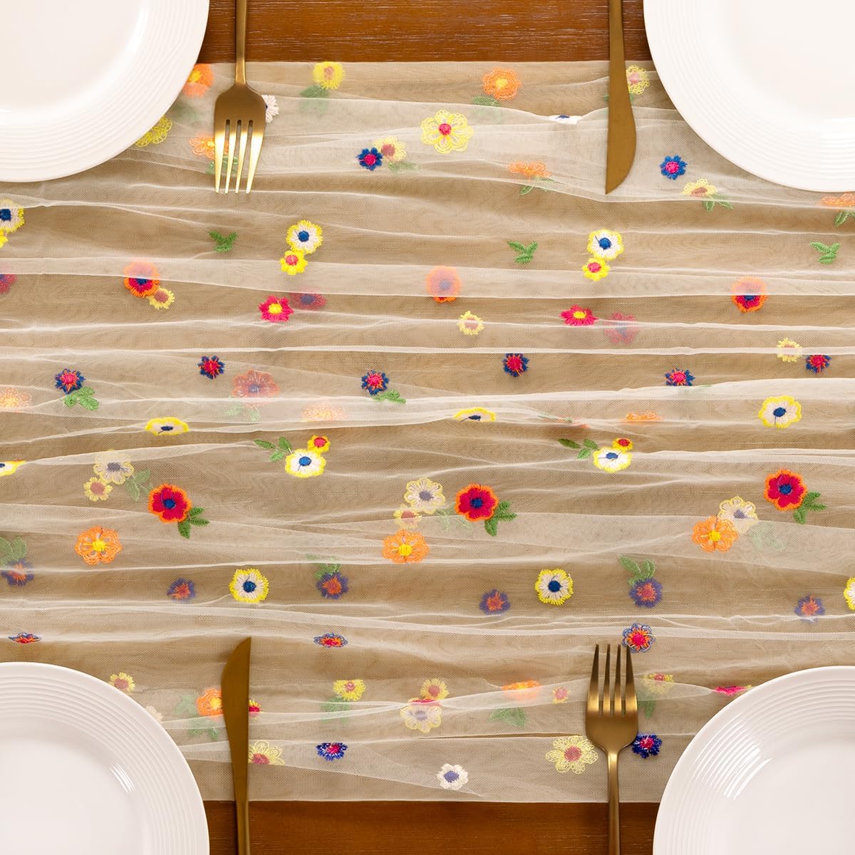 Flower Table Runner Summer Daisy Floral Tulle Cheesecloth Wedding Decor | Beige 10FT Daisy Floral Gauze Embroidery for Tea Party Garden Bridal Baby Shower Birthday Holiday Picnic Home Decorations