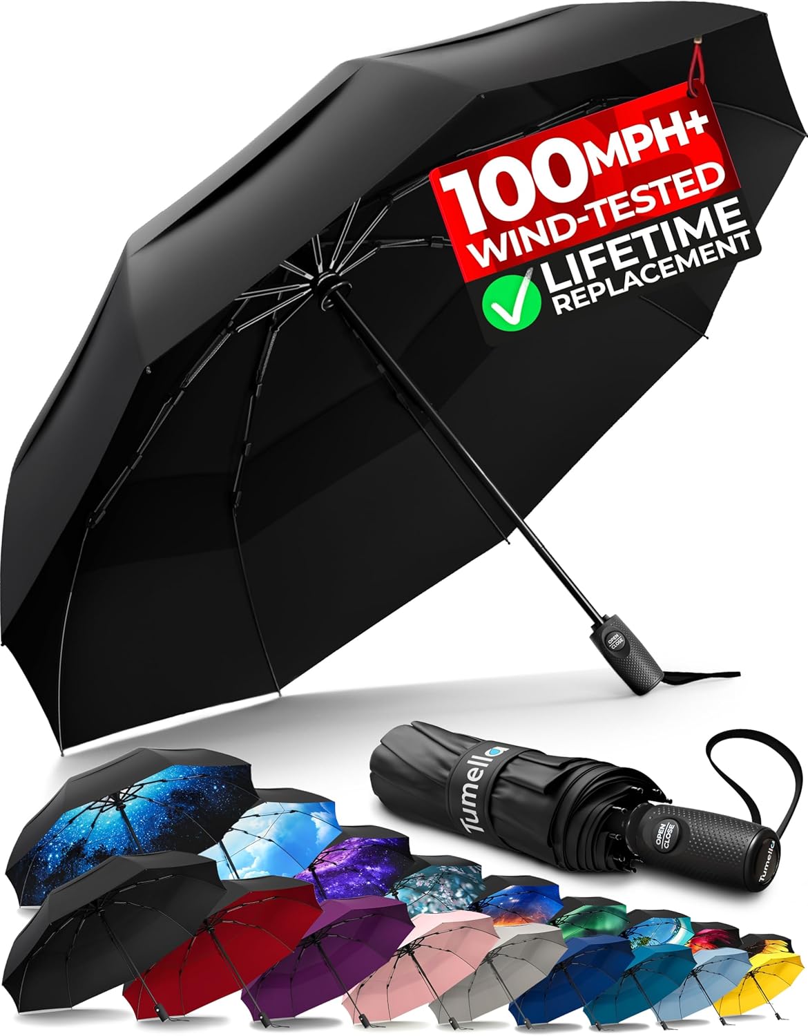 Strongest Windproof Travel Umbrella (Compact, 100MPH Wind-Tested), Light, Portable, One-Handed Use, Automatic Folding Rain Umbrella, Durable, Premium Grip, Fits Car & Backpack