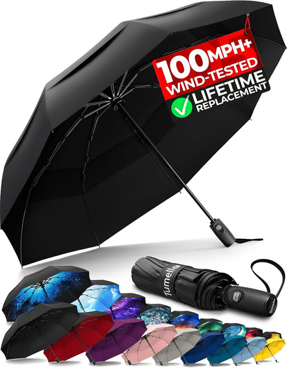 Strongest Windproof Travel Umbrella (Compact, 100MPH Wind-Tested), Light, Portable, One-Handed Use, Automatic Folding Rain Umbrella, Durable, Premium Grip, Fits Car & Backpack