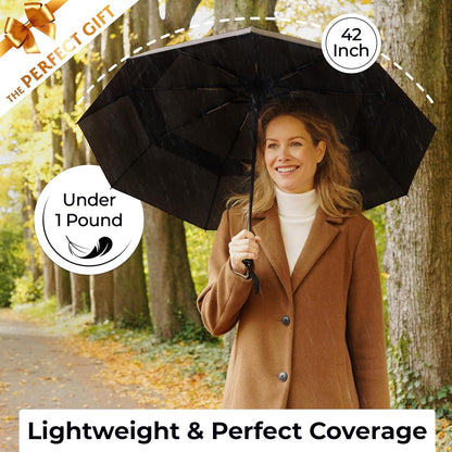 Strongest Windproof Travel Umbrella (Compact, 100MPH Wind-Tested), Light, Portable, One-Handed Use, Automatic Folding Rain Umbrella, Durable, Premium Grip, Fits Car & Backpack