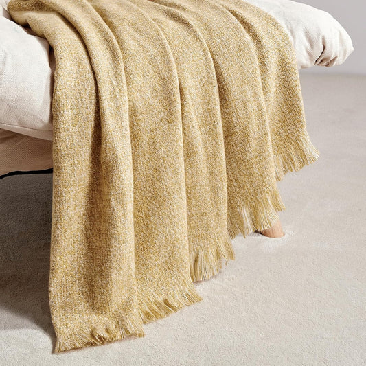 Yellow Throw Blanket Faux Cashmere Throw Outdoor Blanket 50"x70" | Soft faux cashmere throw blanket with elegant fringe design, lightweight warmth and cozy comfort for sofa, bed, or outdoor.