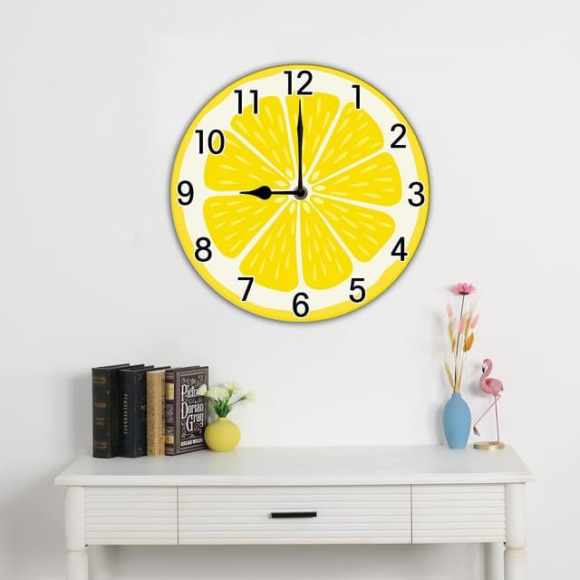 Lemon Wall Clock for Kitchen Yellow Clocks Lemon Kitchen Decor Silent Non Ticking Round Wall Clock Battery Operated Silent Clocks Movement 10 Inches Non Ticking Room Decor
