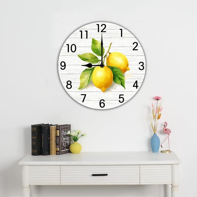 Lemon Wall Clock for Kitchen Yellow Clocks Lemon Kitchen Decor Silent Non Ticking Round Wall Clock Battery Operated Silent Clocks Movement 10 Inches Non Ticking Room Decor