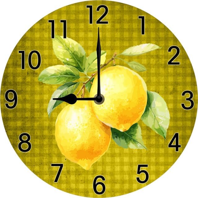 Lemon Wall Clock for Kitchen Yellow Clocks Lemon Kitchen Decor Silent Non Ticking Round Wall Clock Battery Operated Silent Clocks Movement 10 Inches Non Ticking Room Decor