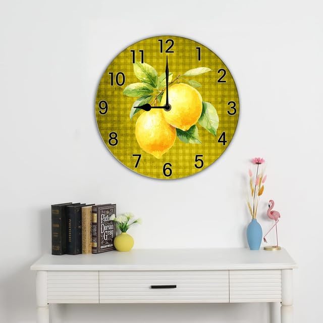 Lemon Wall Clock for Kitchen Yellow Clocks Lemon Kitchen Decor Silent Non Ticking Round Wall Clock Battery Operated Silent Clocks Movement 10 Inches Non Ticking Room Decor