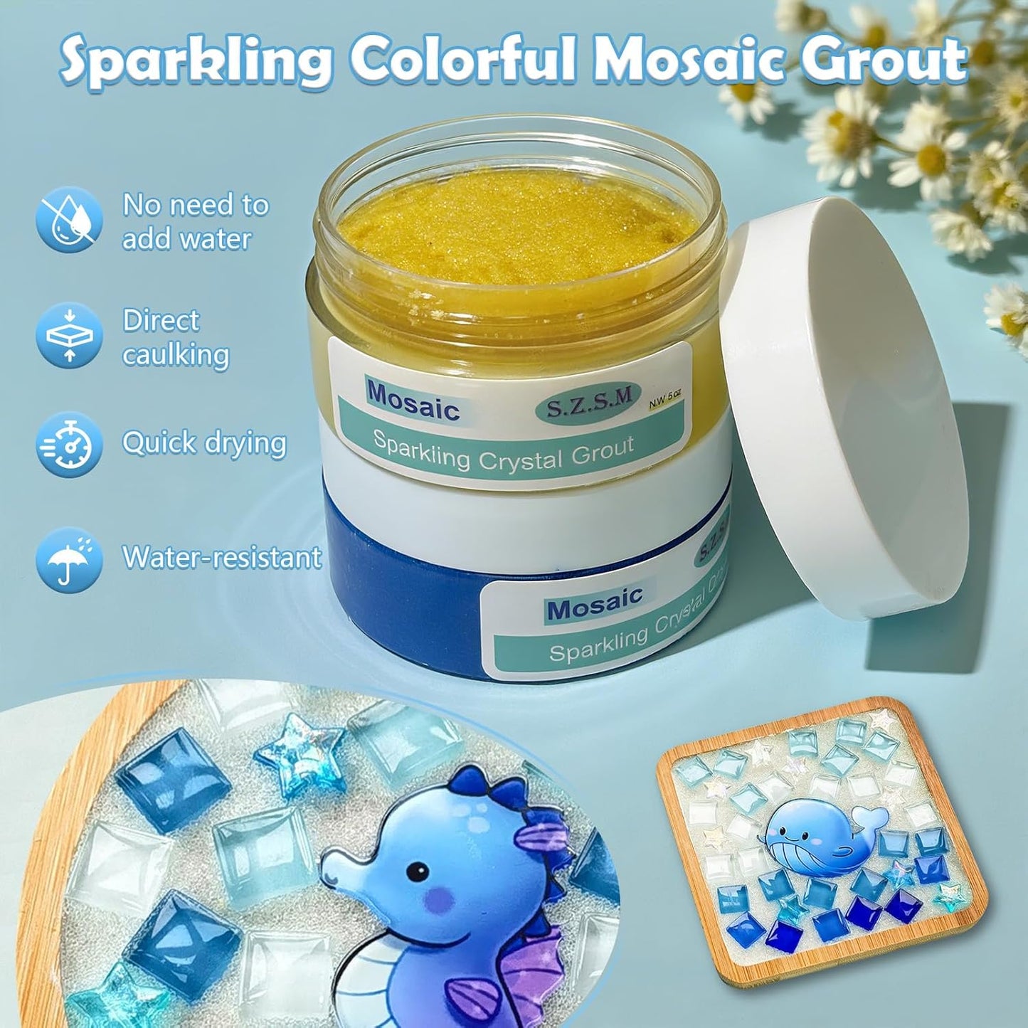 Mosaic Crystal Grout for DIY Tiles & Crafts – Pre-Mixed Grout for Glass & Crystal Tiles, No Water Needed, Fast-Drying, Non-Toxic, Perfect for Handmade Coasters & Decorative Projects (Yellow, 5oz)