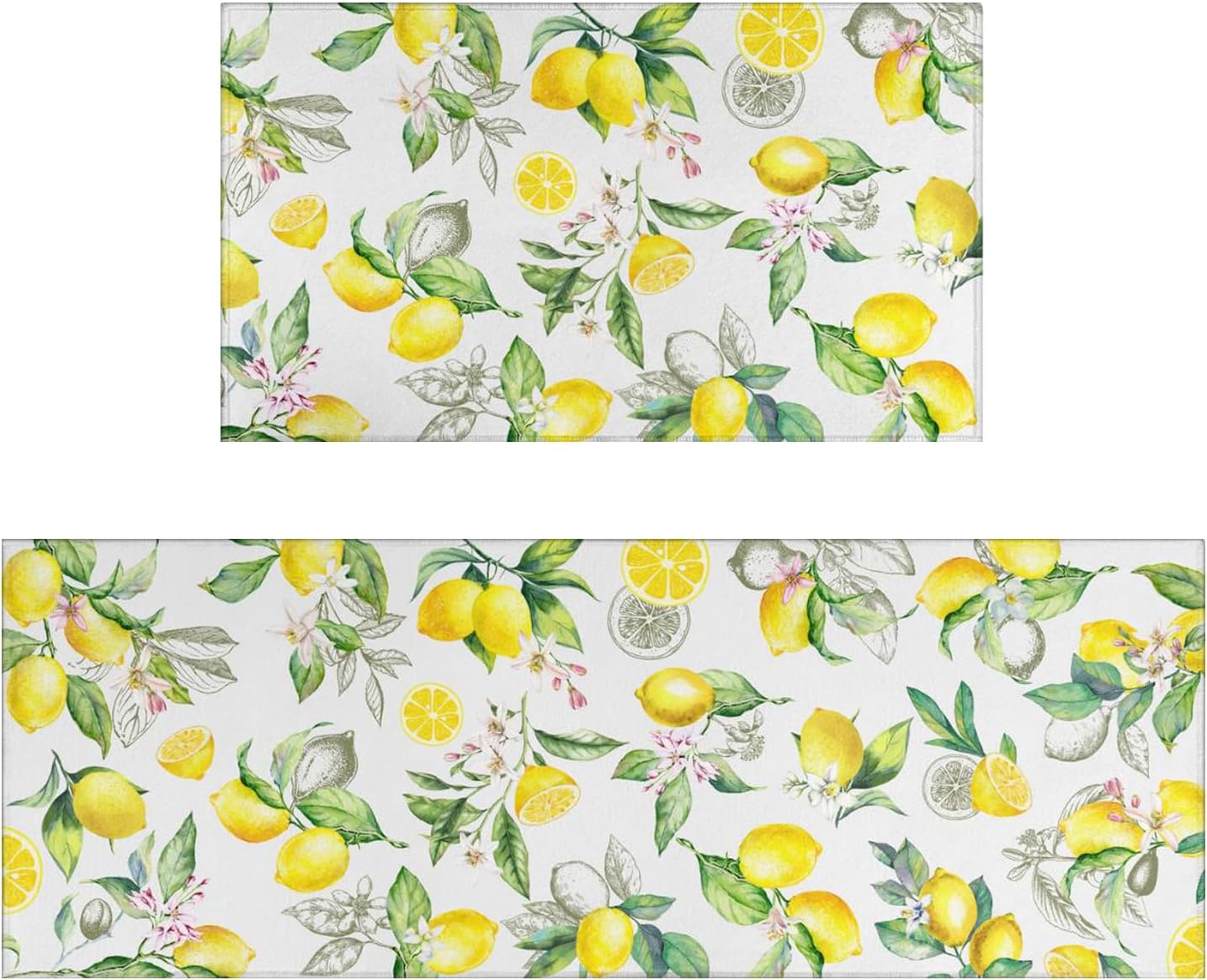 Lemon Kitchen Rugs Set of 2, Farmhouse Lemon Kitchen Rugs and Mats Non-Slip Washable,Yellow Kitchen Decor Floor Mats for Kitchen Sink Laundry Room, 17x30+17x47 Inch