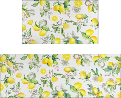 Lemon Kitchen Rugs Set of 2, Farmhouse Lemon Kitchen Rugs and Mats Non-Slip Washable,Yellow Kitchen Decor Floor Mats for Kitchen Sink Laundry Room, 17x30+17x47 Inch
