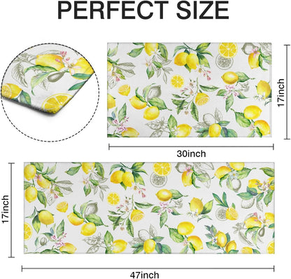 Lemon Kitchen Rugs Set of 2, Farmhouse Lemon Kitchen Rugs and Mats Non-Slip Washable,Yellow Kitchen Decor Floor Mats for Kitchen Sink Laundry Room, 17x30+17x47 Inch