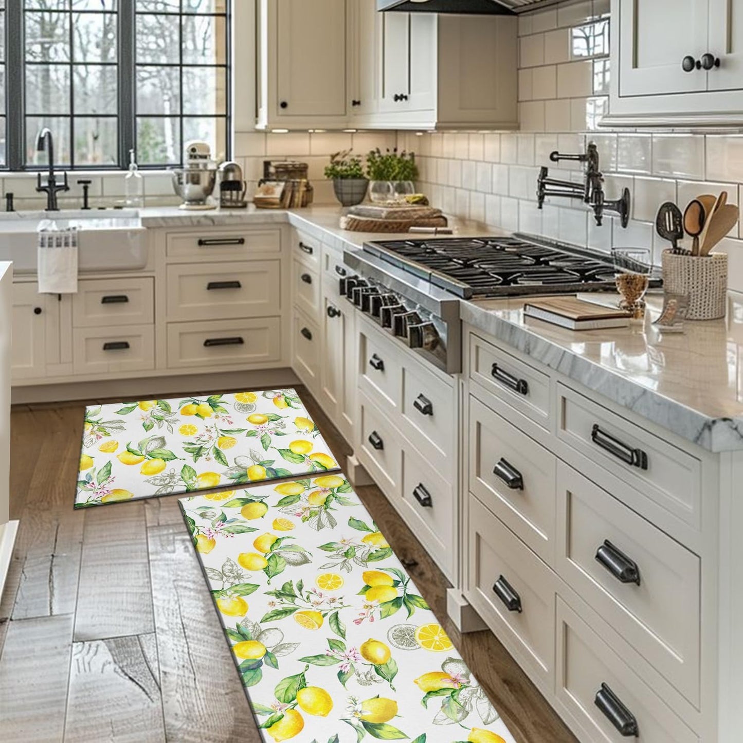 Lemon Kitchen Rugs Set of 2, Farmhouse Lemon Kitchen Rugs and Mats Non-Slip Washable,Yellow Kitchen Decor Floor Mats for Kitchen Sink Laundry Room, 17x30+17x47 Inch