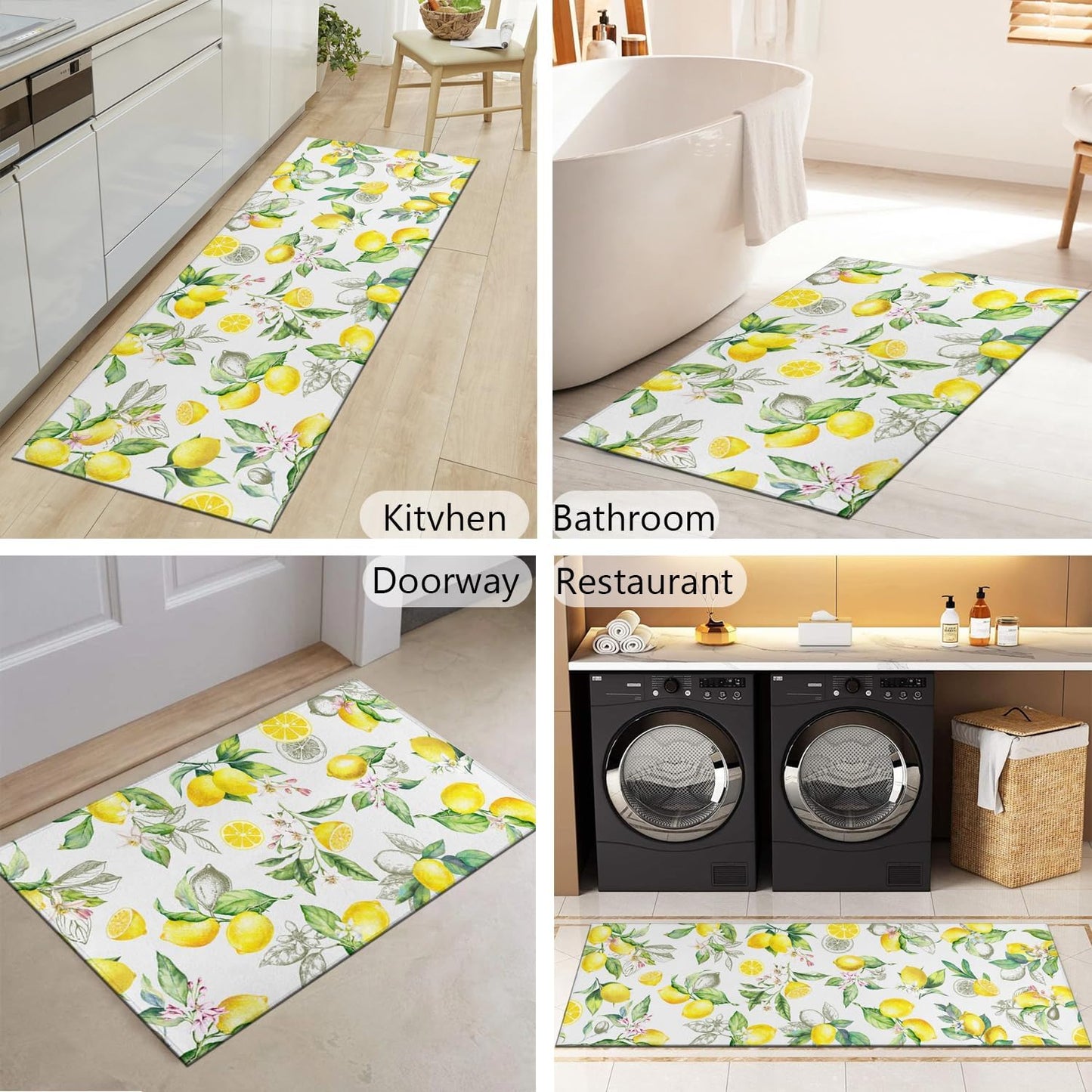 Lemon Kitchen Rugs Set of 2, Farmhouse Lemon Kitchen Rugs and Mats Non-Slip Washable,Yellow Kitchen Decor Floor Mats for Kitchen Sink Laundry Room, 17x30+17x47 Inch
