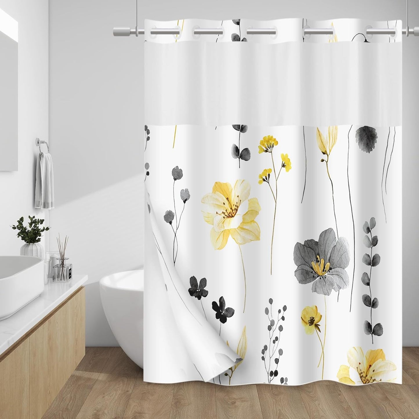 No Hook Shower Curtain with Snap in Liner, Removable Liner Water Repellent, Easy Install & Machine Washable, Hotel Style Bathroom Watercolor Floral Curtain, Yellow Gray, 71" W x 74" L