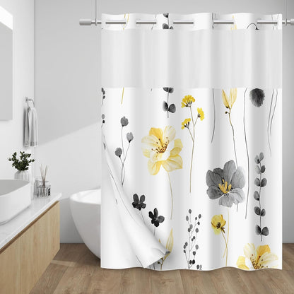 No Hook Shower Curtain with Snap in Liner, Removable Liner Water Repellent, Easy Install & Machine Washable, Hotel Style Bathroom Watercolor Floral Curtain, Yellow Gray, 71" W x 74" L