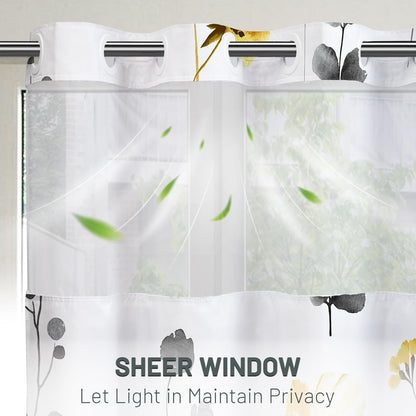 No Hook Shower Curtain with Snap in Liner, Removable Liner Water Repellent, Easy Install & Machine Washable, Hotel Style Bathroom Watercolor Floral Curtain, Yellow Gray, 71" W x 74" L