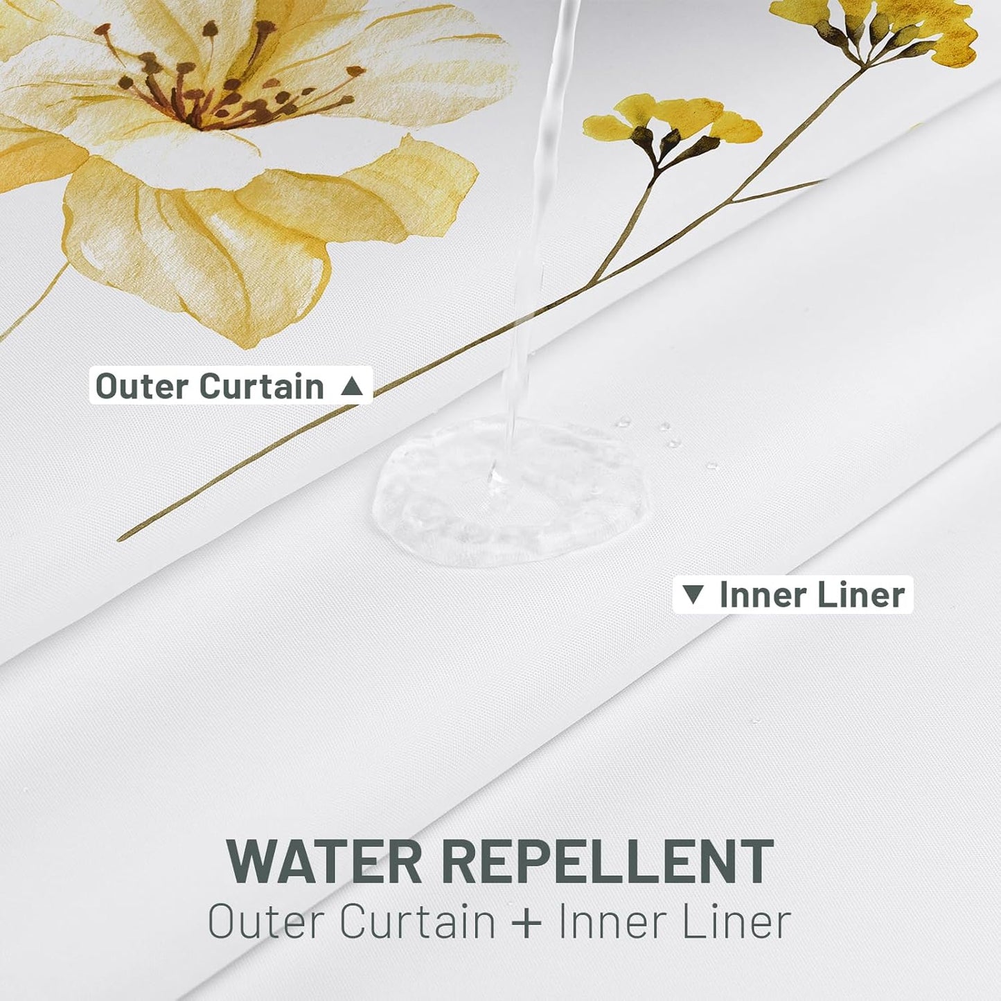 No Hook Shower Curtain with Snap in Liner, Removable Liner Water Repellent, Easy Install & Machine Washable, Hotel Style Bathroom Watercolor Floral Curtain, Yellow Gray, 71" W x 74" L