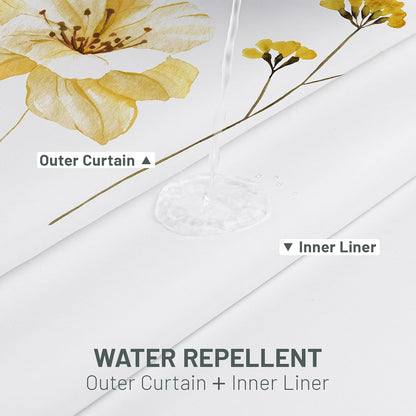 No Hook Shower Curtain with Snap in Liner, Removable Liner Water Repellent, Easy Install & Machine Washable, Hotel Style Bathroom Watercolor Floral Curtain, Yellow Gray, 71" W x 74" L