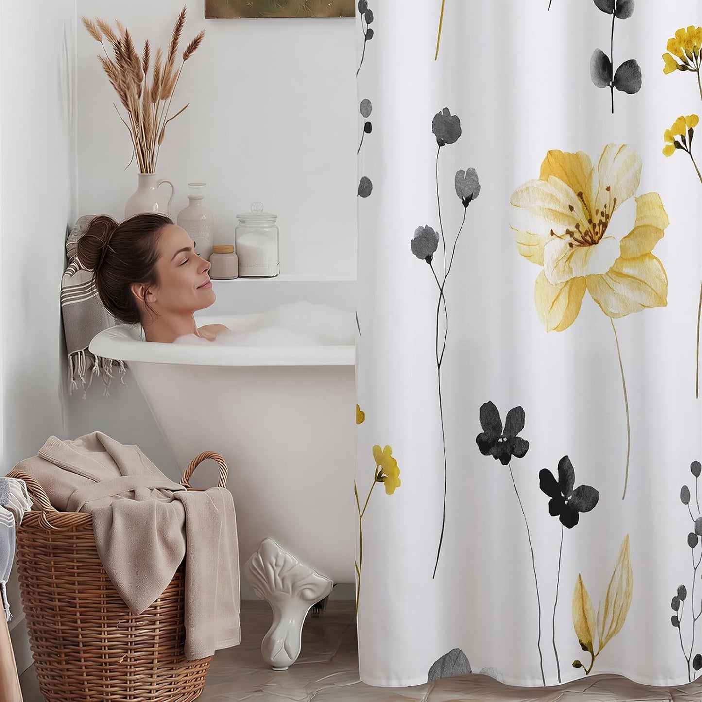 No Hook Shower Curtain with Snap in Liner, Removable Liner Water Repellent, Easy Install & Machine Washable, Hotel Style Bathroom Watercolor Floral Curtain, Yellow Gray, 71" W x 74" L