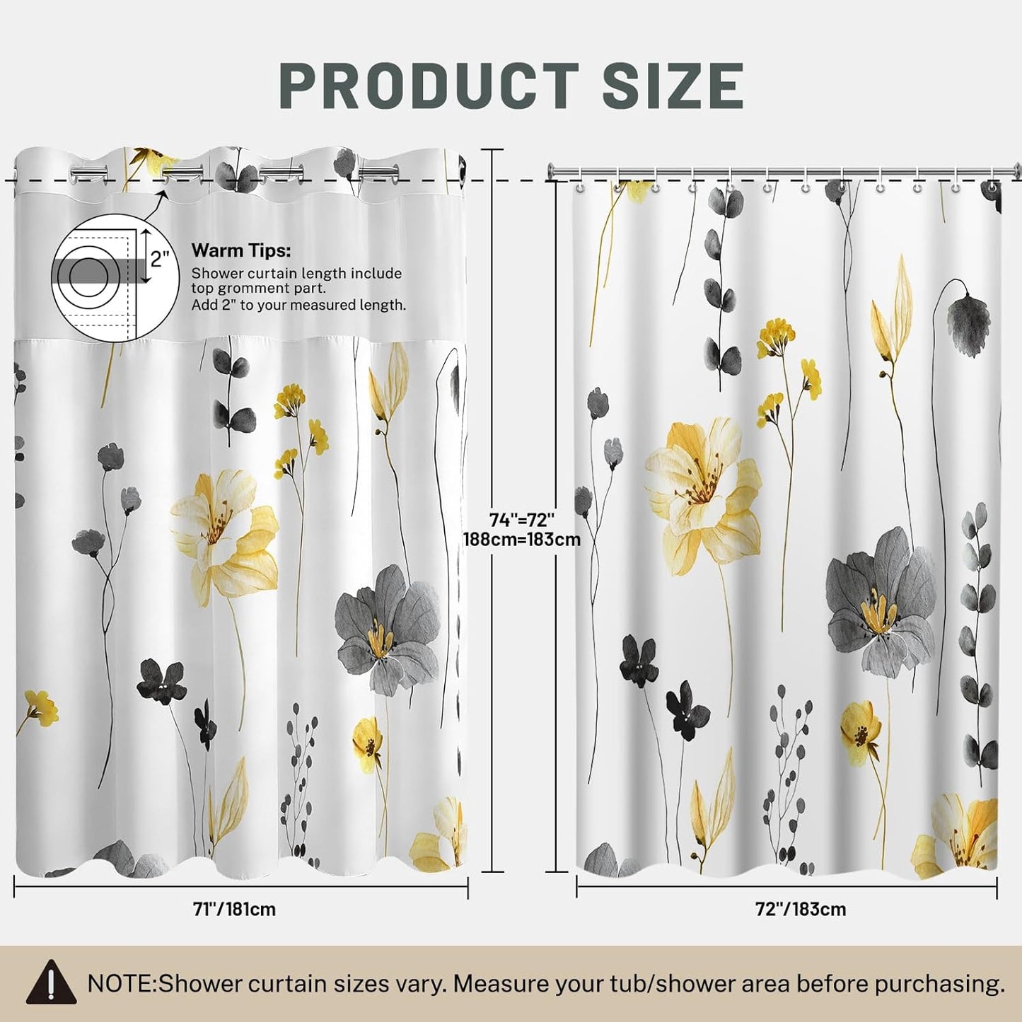 No Hook Shower Curtain with Snap in Liner, Removable Liner Water Repellent, Easy Install & Machine Washable, Hotel Style Bathroom Watercolor Floral Curtain, Yellow Gray, 71" W x 74" L