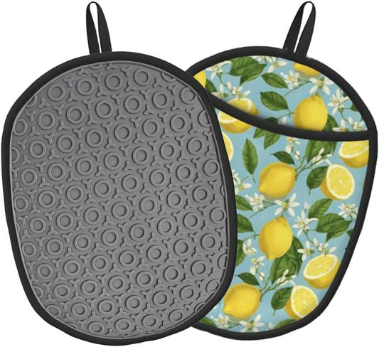 Lemon Silicone Pot Holders Set of 2, Heat Resistant up to 500°F, Non-Slip Kitchen Hot Pads with Pocket and Soft Quilted Cotton Lining for Baking, Cooking and Hot Pots