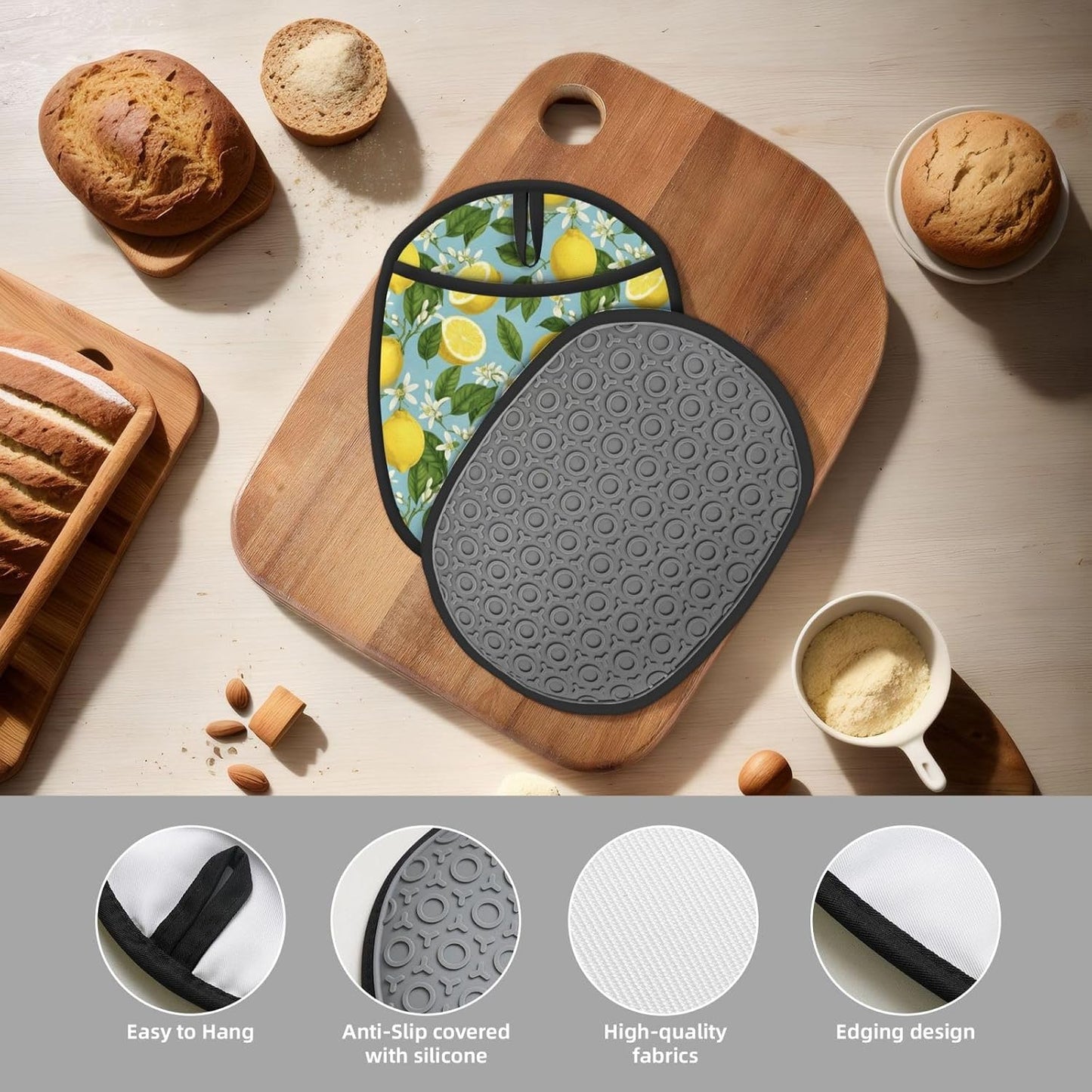 Lemon Silicone Pot Holders Set of 2, Heat Resistant up to 500°F, Non-Slip Kitchen Hot Pads with Pocket and Soft Quilted Cotton Lining for Baking, Cooking and Hot Pots