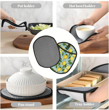 Lemon Silicone Pot Holders Set of 2, Heat Resistant up to 500°F, Non-Slip Kitchen Hot Pads with Pocket and Soft Quilted Cotton Lining for Baking, Cooking and Hot Pots