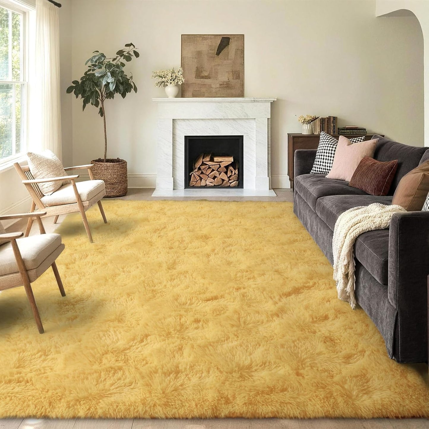 FinRèc 5x8 Feet Yellow Rugs for Living Room Bedroom, Soft Fluffy Shaggy Area Rug, Non-Slip Fuzzy Furry Shag Rug for Nursery Kids Room Dorm Room Home Decor, Indoor Plush Floor Carpet
