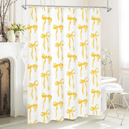 Litabel Cute Bow Shower Curtain, Yellow Aesthetic Bowknot Shower Curtain for Bathroom, Modern Minimalist White Waterproof Fabric Shower Curtain Set, 72x72 Inch