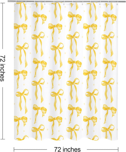 Litabel Cute Bow Shower Curtain, Yellow Aesthetic Bowknot Shower Curtain for Bathroom, Modern Minimalist White Waterproof Fabric Shower Curtain Set, 72x72 Inch