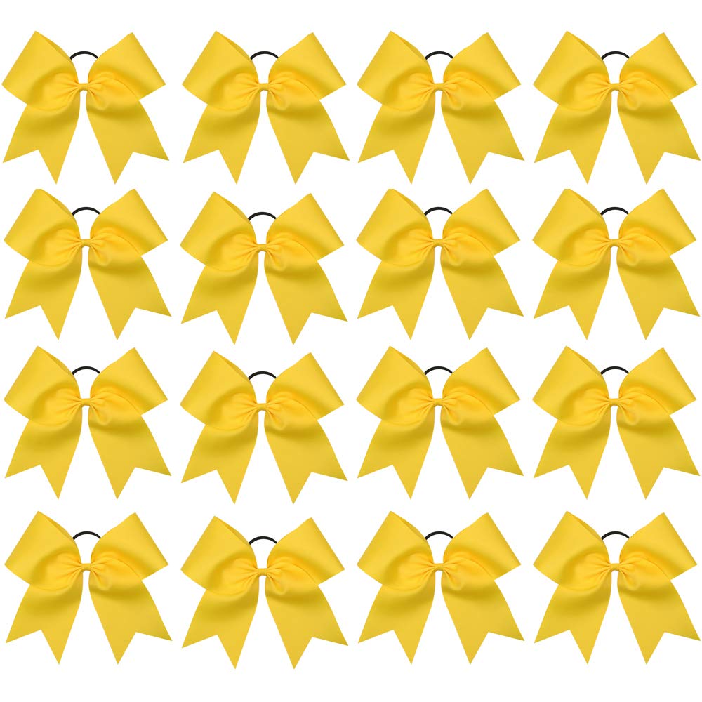16PCS 8" Large Cheer Hair Bows Ponytail Holder Elastic Band Handmade for Cheerleading Teen Girls College Sports (Yellow, 1 Count (Pack of 16))