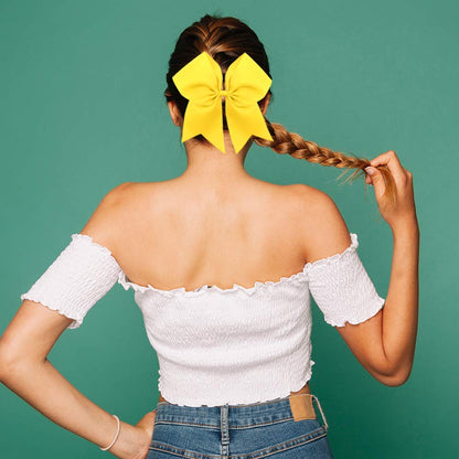 16PCS 8" Large Cheer Hair Bows Ponytail Holder Elastic Band Handmade for Cheerleading Teen Girls College Sports (Yellow, 1 Count (Pack of 16))