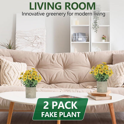 2 Pack Small Fake Plants Potted Artificial Plants Artificial Flowers Potted | Faux Flower Daisy with Eucalyptus Leaves for Home Decor Office Room Farmhouse Indoor Table Bathroom Decor
