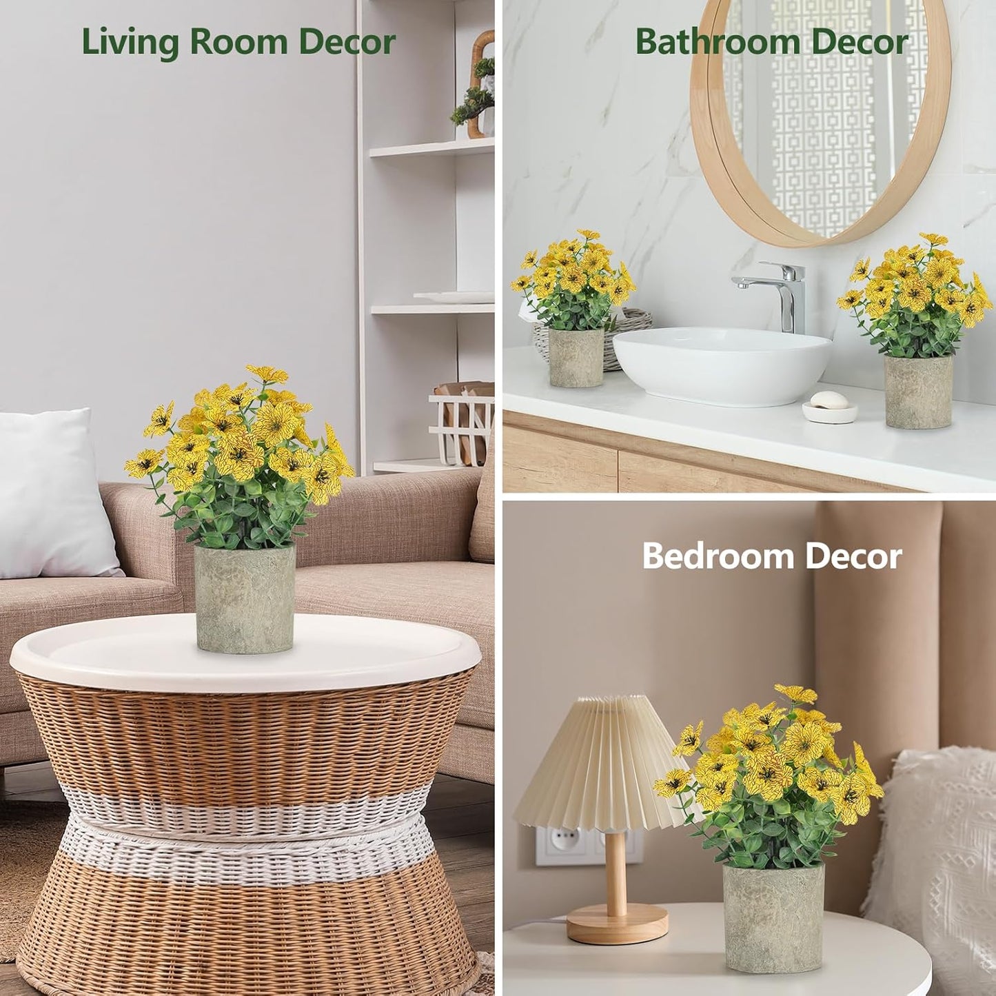 2 Pack Small Fake Plants Potted Artificial Plants Artificial Flowers Potted | Faux Flower Daisy with Eucalyptus Leaves for Home Decor Office Room Farmhouse Indoor Table Bathroom Decor
