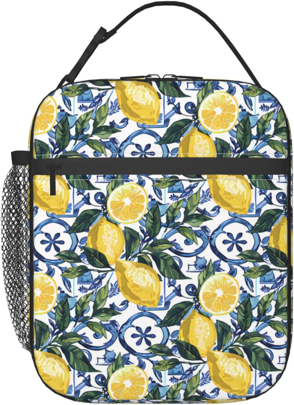 Reusable Lemon Lunch Box for Kids Girls Boys Women Adult, Insulated Fruit Blue Tile Lunch Bag,Polyester Cooler Handbags Case for School Picnic Work Travel Beach or Hiking