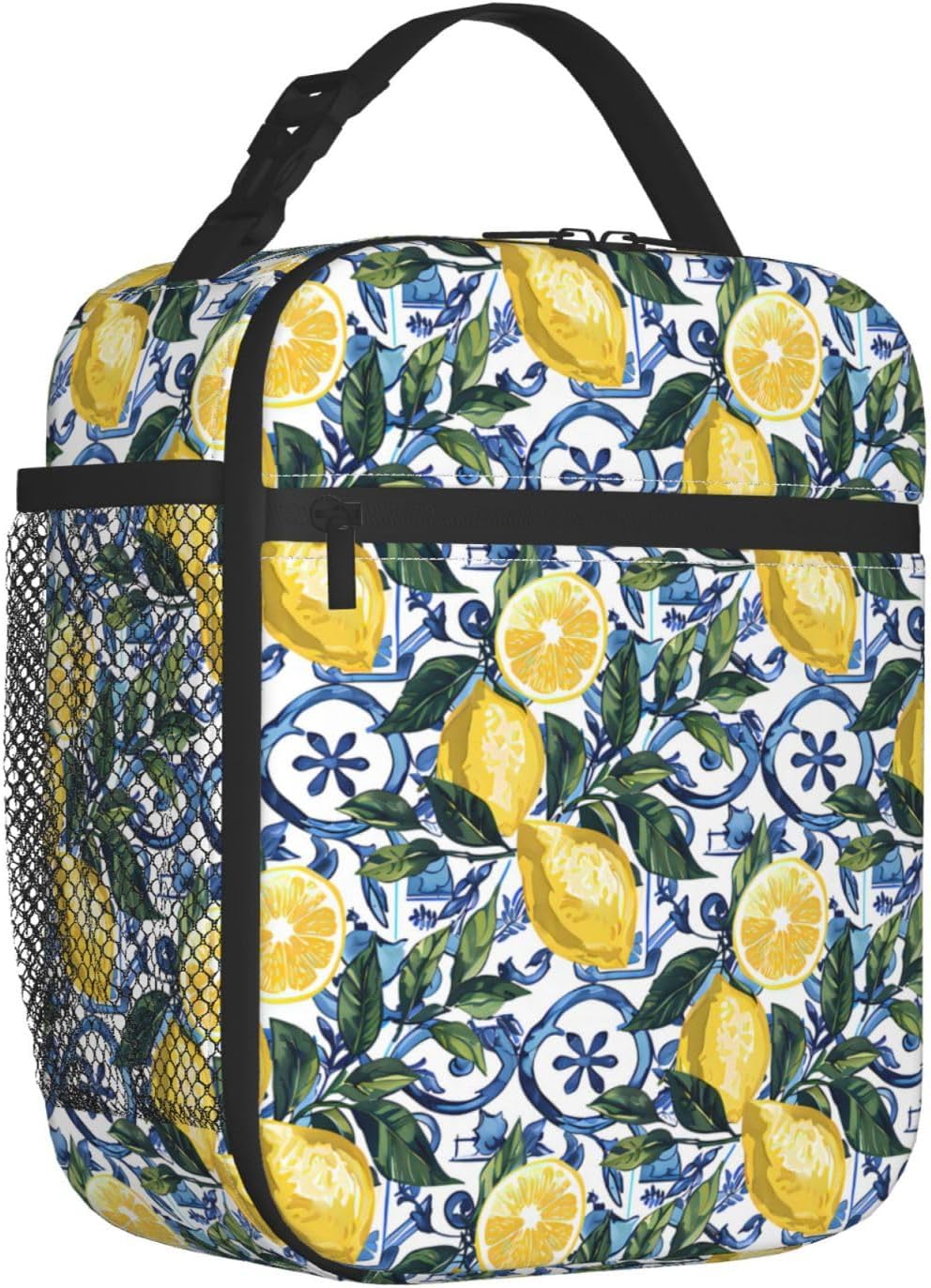 Reusable Lemon Lunch Box for Kids Girls Boys Women Adult, Insulated Fruit Blue Tile Lunch Bag,Polyester Cooler Handbags Case for School Picnic Work Travel Beach or Hiking