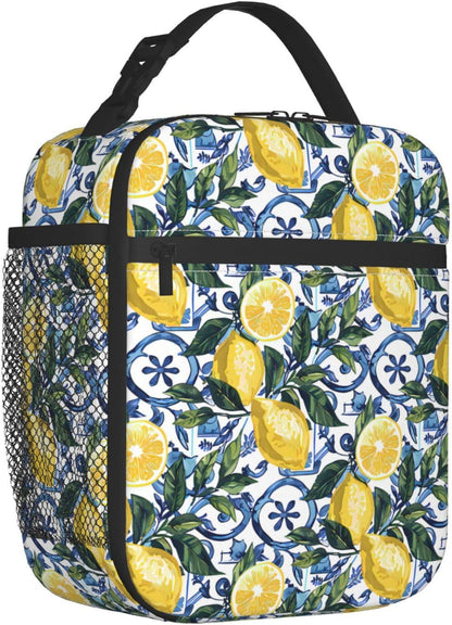 Reusable Lemon Lunch Box for Kids Girls Boys Women Adult, Insulated Fruit Blue Tile Lunch Bag,Polyester Cooler Handbags Case for School Picnic Work Travel Beach or Hiking