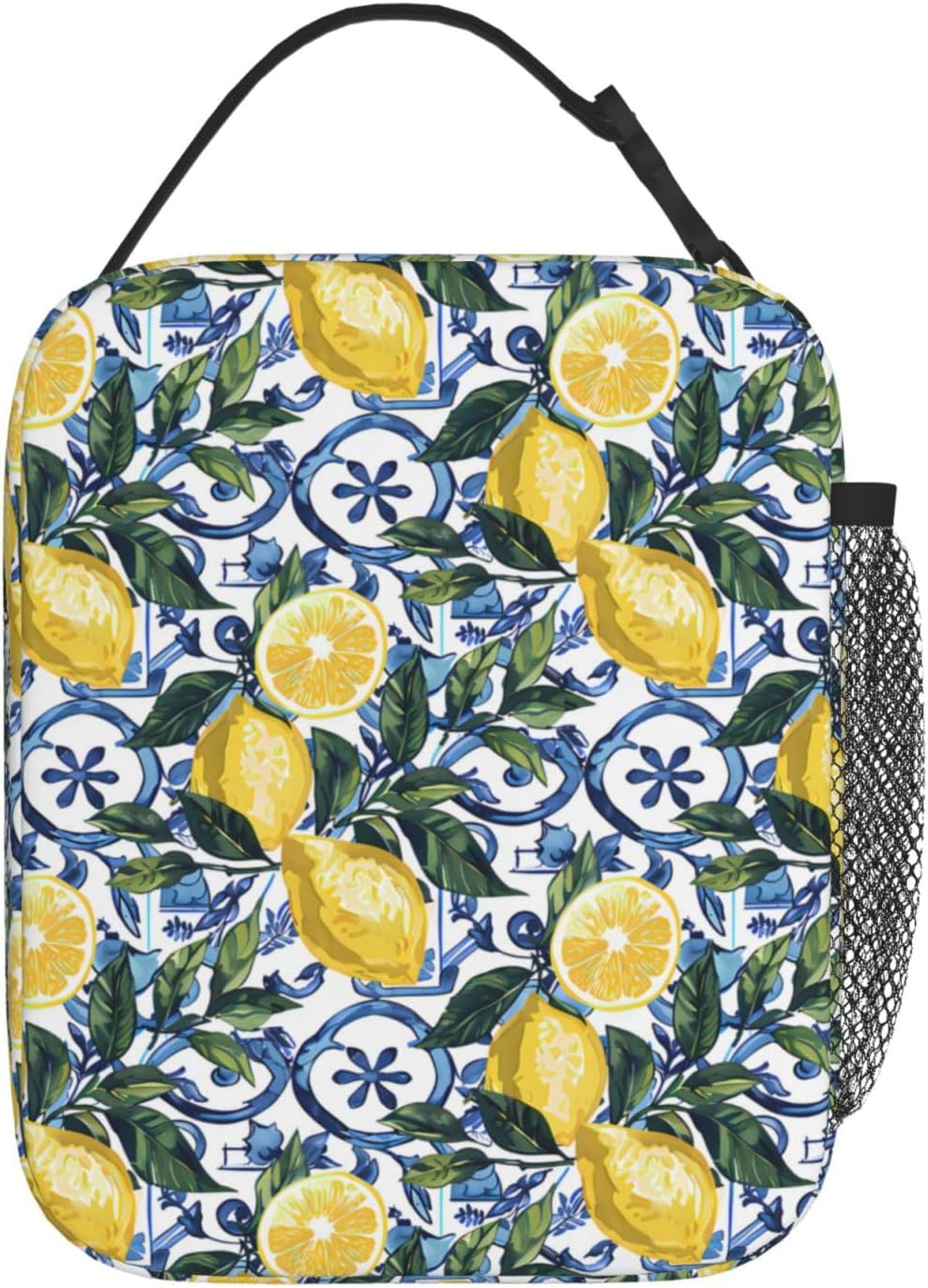 Reusable Lemon Lunch Box for Kids Girls Boys Women Adult, Insulated Fruit Blue Tile Lunch Bag,Polyester Cooler Handbags Case for School Picnic Work Travel Beach or Hiking