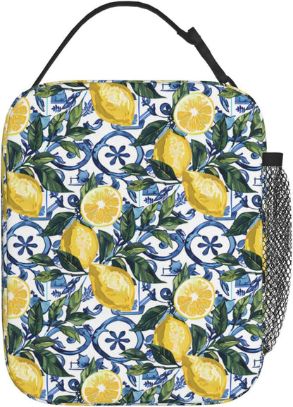 Reusable Lemon Lunch Box for Kids Girls Boys Women Adult, Insulated Fruit Blue Tile Lunch Bag,Polyester Cooler Handbags Case for School Picnic Work Travel Beach or Hiking