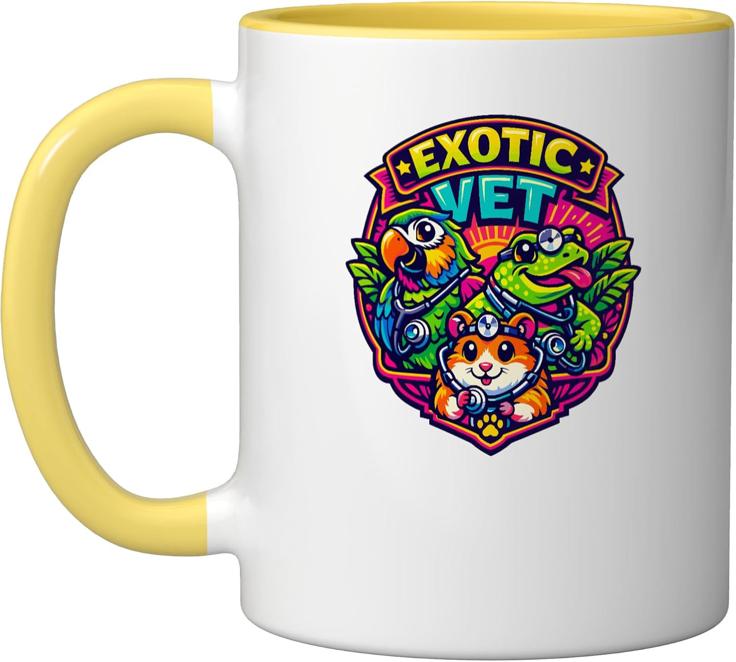 Exotic Vet Animal Doctor Pet Care Veterinarian Cartoon Ceramic Mug, Yellow/White