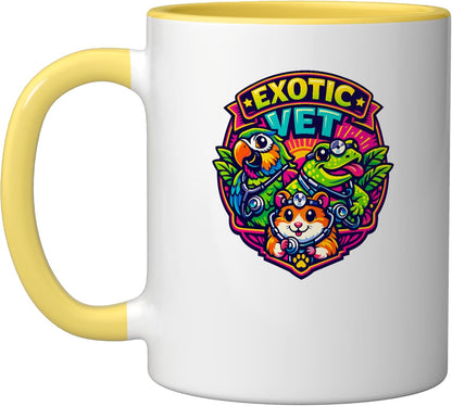 Exotic Vet Animal Doctor Pet Care Veterinarian Cartoon Ceramic Mug, Yellow/White
