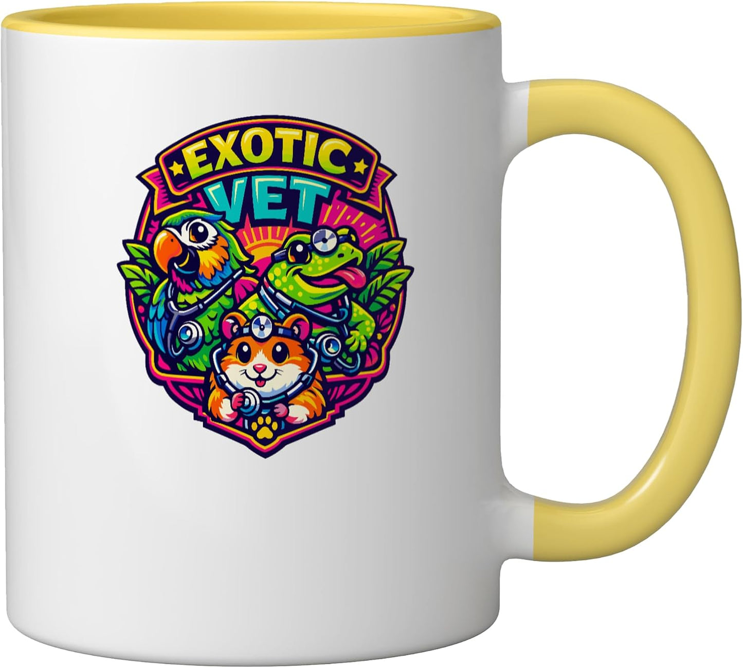 Exotic Vet Animal Doctor Pet Care Veterinarian Cartoon Ceramic Mug, Yellow/White