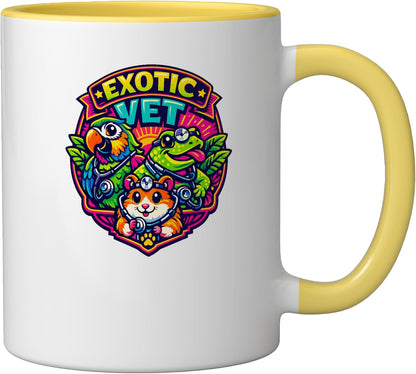 Exotic Vet Animal Doctor Pet Care Veterinarian Cartoon Ceramic Mug, Yellow/White