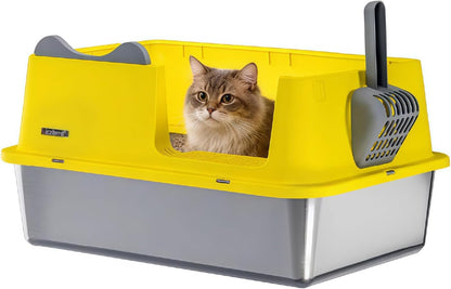 XL Stainless Steel Cat Litter Box for All Cats with High Sides and Scoop | , Open Top High-Sided, Extra Large, Anti-Urine Leakage, Non-Sticky, Easy to Clean and Assemble