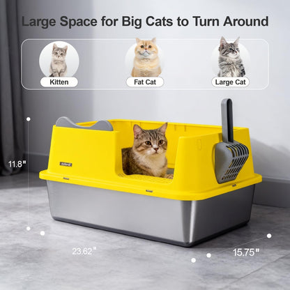XL Stainless Steel Cat Litter Box for All Cats with High Sides and Scoop | , Open Top High-Sided, Extra Large, Anti-Urine Leakage, Non-Sticky, Easy to Clean and Assemble