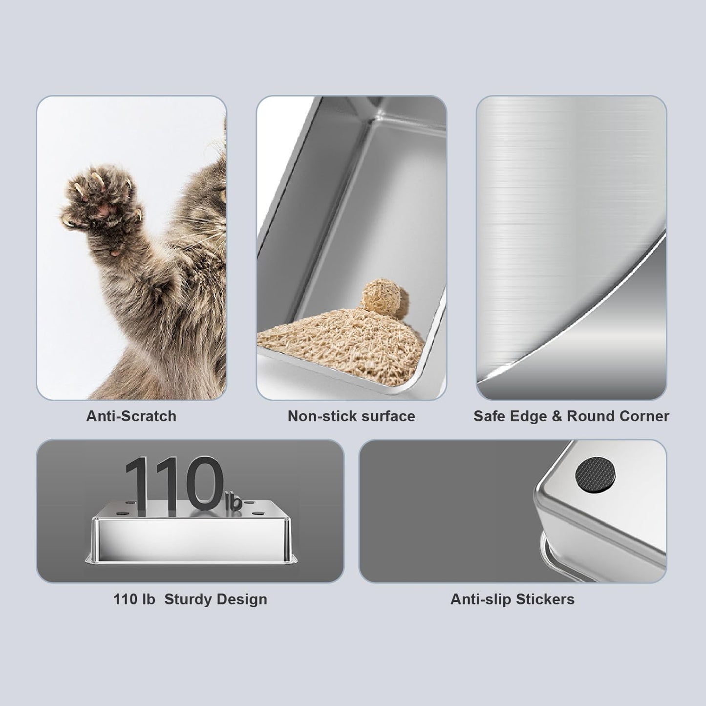 XL Stainless Steel Cat Litter Box for All Cats with High Sides and Scoop | , Open Top High-Sided, Extra Large, Anti-Urine Leakage, Non-Sticky, Easy to Clean and Assemble