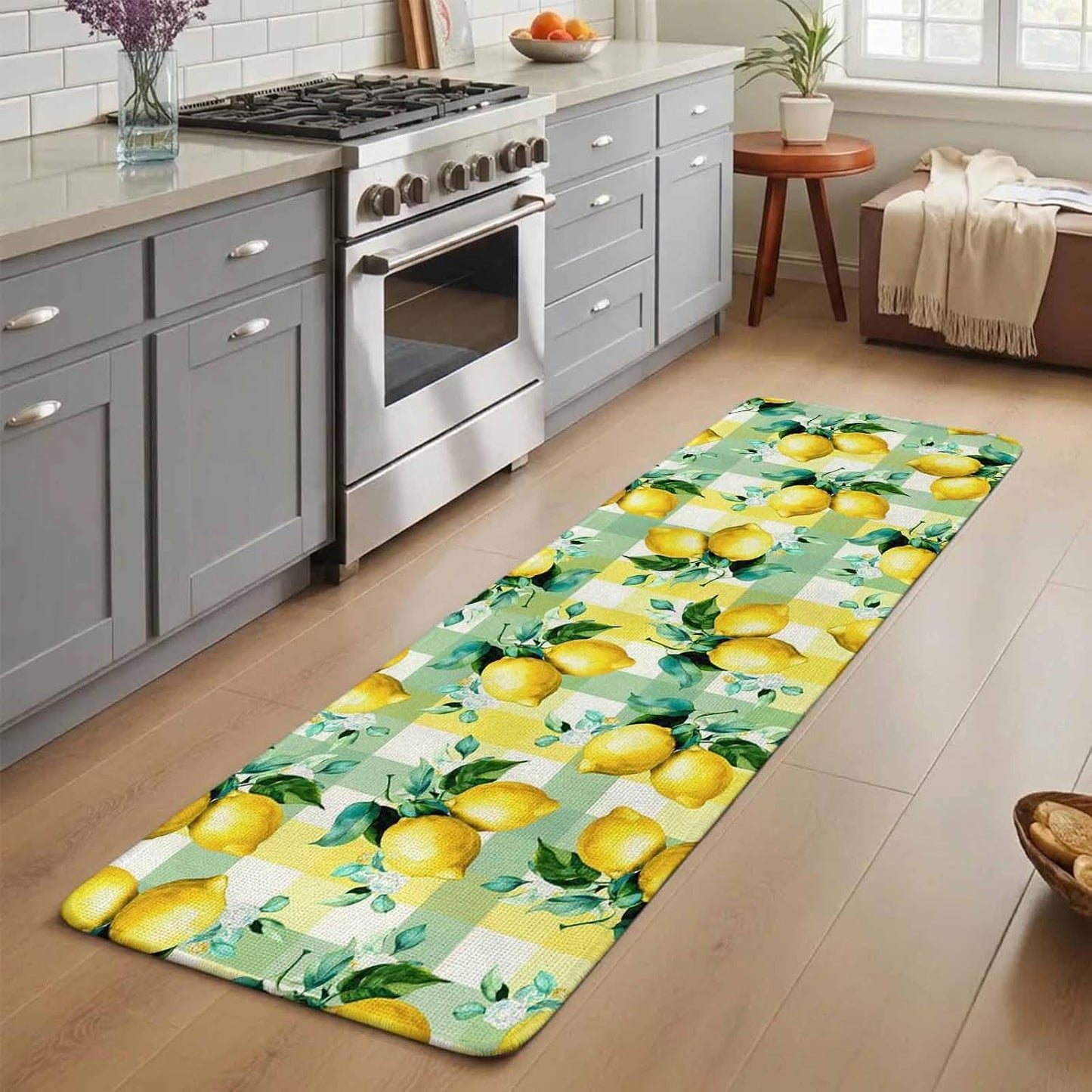 Washable Kitchen Runner Rug, Summer Lemon Fruit Green Leaf Absorbent Non-Slip Runner Rug for Bedroom Hallway Entryway Stair, Light Yellow Green Check Doormat Area Rugs 16x47in