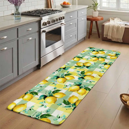 Washable Kitchen Runner Rug, Summer Lemon Fruit Green Leaf Absorbent Non-Slip Runner Rug for Bedroom Hallway Entryway Stair, Light Yellow Green Check Doormat Area Rugs 16x47in
