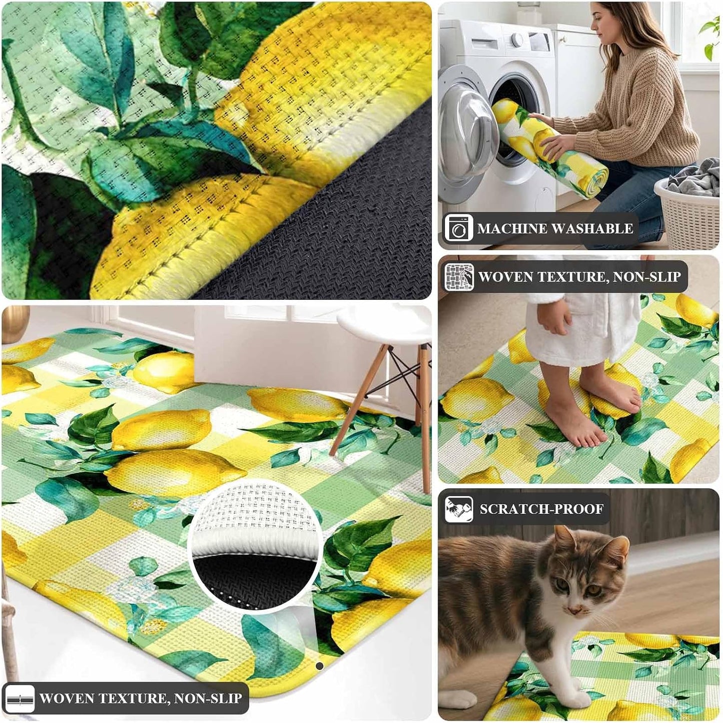Washable Kitchen Runner Rug, Summer Lemon Fruit Green Leaf Absorbent Non-Slip Runner Rug for Bedroom Hallway Entryway Stair, Light Yellow Green Check Doormat Area Rugs 16x47in